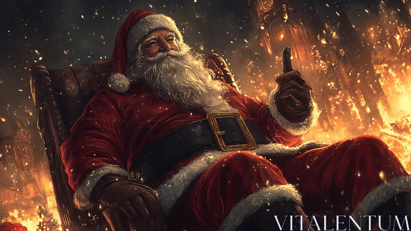 Santa figure seated before burning urban landscape at night.
