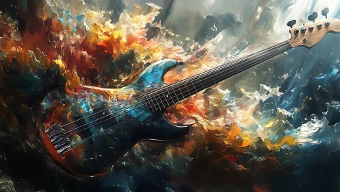 Explosive electric bass guitar surges through vivid cosmic color.