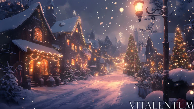 Snowy village street glows under warm festive lanterns