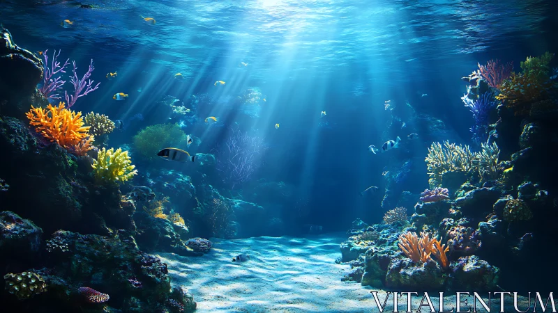 Sunlit coral canyon with drifting tropical fish below waves.