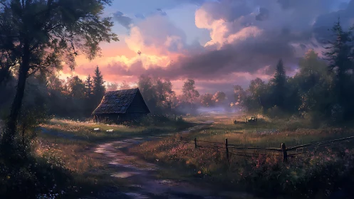 Twilight rural meadow landscape with wooden cabin and cloudbank