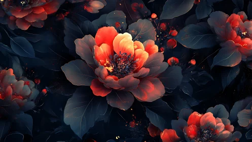 Rendered peonies with volumetric lighting effects and dark background.