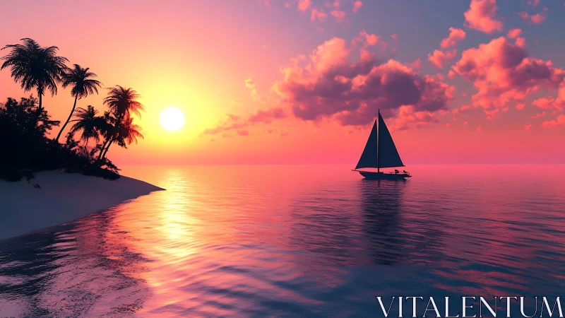 Tropical sailboat crosses radiant pink sunset horizon
