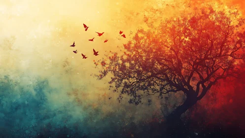 Silhouetted tree leans toward warm sky while birds ascend