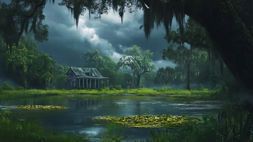 Abandoned Mansion Nested Among Spanish Moss-Draped Trees