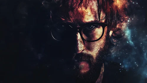 Dark intense portrait of bearded man with glasses in smoke