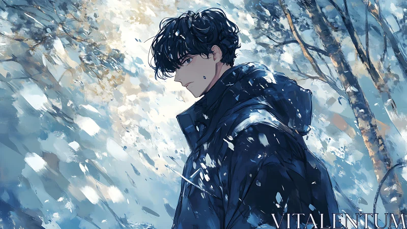 Quiet winter wanderer pausing in swirling blue snowfall.