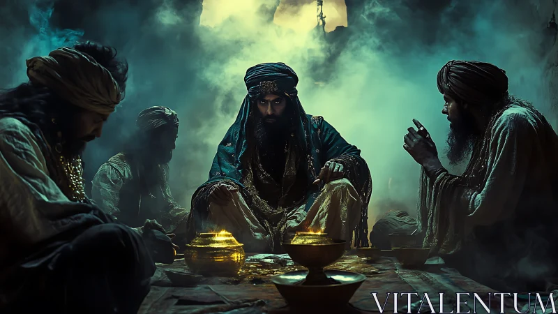 Turbaned men in dim interior with brass vessels and smoke.