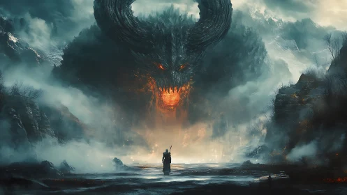 Lone wanderer greets a colossal fiery demon in the mist