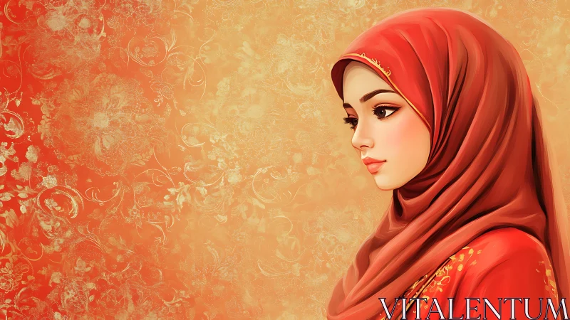 Elegant Woman in Red Hijab Against Ornate Floral Background.