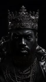 Low‑key monochrome king portrait with ornate metallic crown