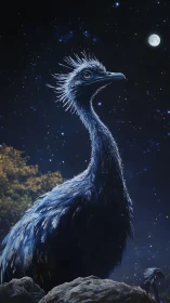 Nocturnal emu study under starfield sky with lunar backlight