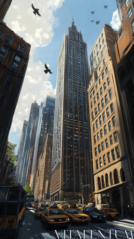 Sunlit skyscrapers rise above a bustling yellow taxi avenue