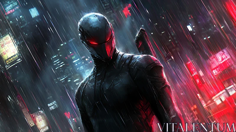 Neon rain cloaks a cyber vigilante with glowing red eyes.