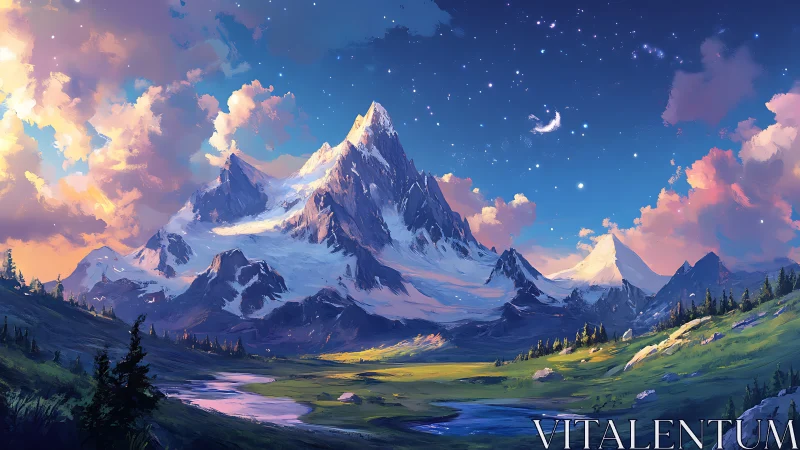 Snowcapped peak rises over luminous valley twilight sky.