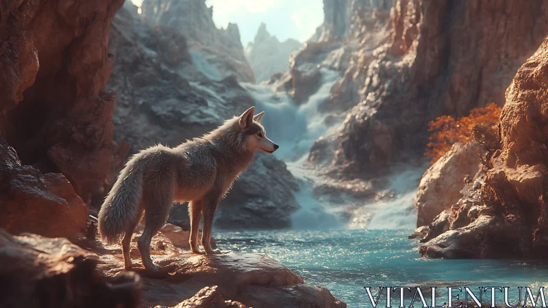 Lone river-wolf pausing at a turquoise mountain cascade.