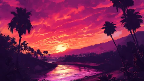 Vibrant palm coast sunset over river and distant city.