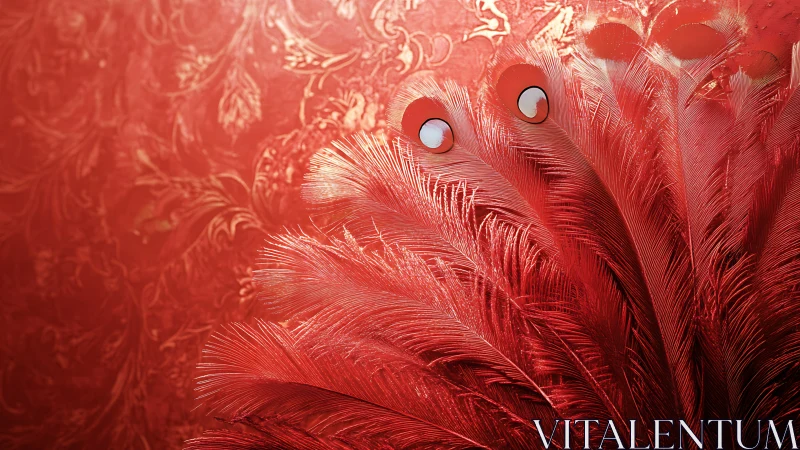 Radially fanned red feathers against embossed floral background