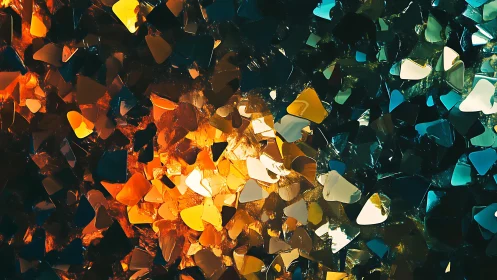 Abstract stained glass pattern with vibrant yellow, orange, and teal hues.