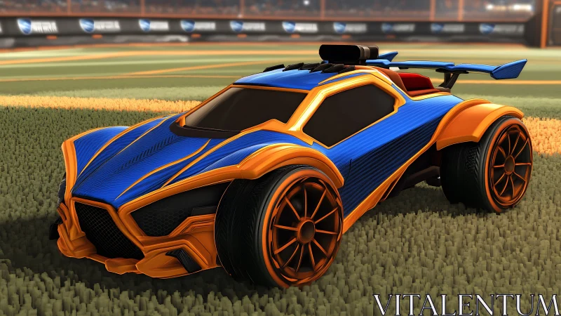 Blue and orange rocket-powered car on stadium grass field.