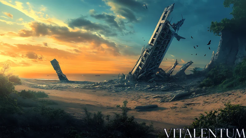 Collapsed concrete towers dominate desolate coastal sunset shore