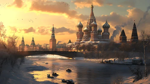 Golden winter sunset bathes ornate riverside Russian skyline