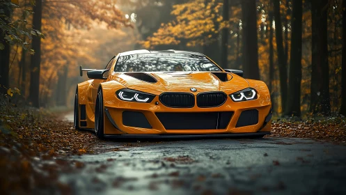 Low-slung orange sports car framed by misty autumn forest.