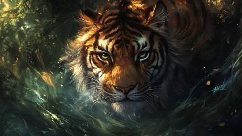 Cinematic tiger portrait advances through luminous jungle mist
