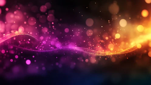 Colored light wave with particle bokeh on dark background.