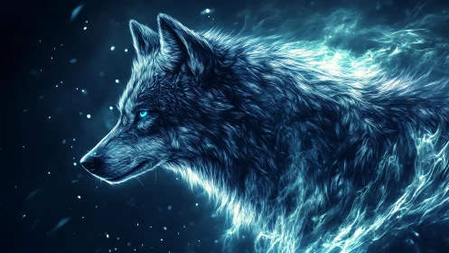 Luminous spectral wolf threads starlight through the dark