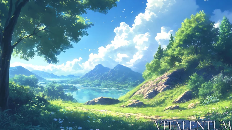 Radiant lacustrine valley under cumulonimbus-dappled sky.