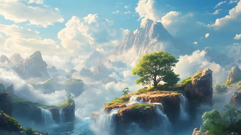 Digital landscape shows elevated cliffs, waterfalls and clouds