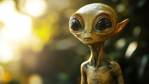 Alien-like humanoid figure stands in soft forest backlight