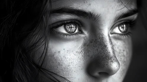 Monochrome close-up portrait with hyperreal ocular detail.