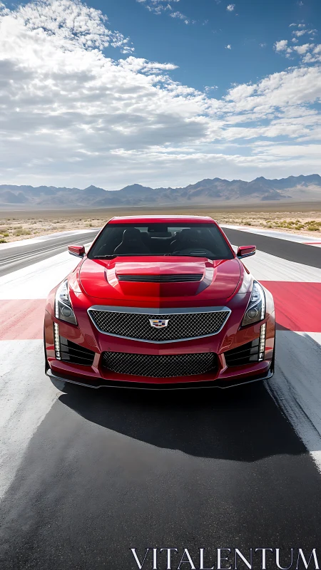 Red performance sedan aligned on desert racetrack centerline.