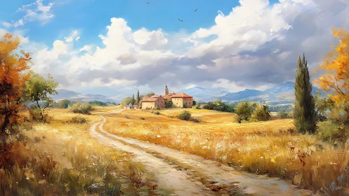 Sunlit country road winding toward a peaceful hillside villa.