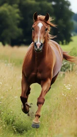 Chestnut comet galloping through a golden meadow lane.