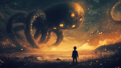 Child confronts colossal luminescent cephalopod in cosmic shoreline