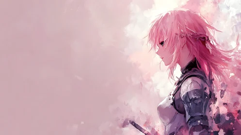 Side-profile anime knight dissolves into abstract blush haze