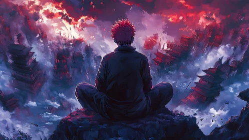 Solitary warrior overlooks burning vertical sky city