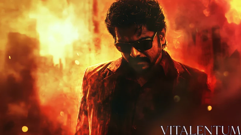 Brooding sunglasses antihero walks through molten twilight fire.