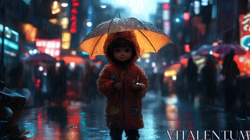 Little raincoat wanderer under cozy city lights at night.