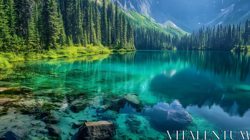 Mountain lake with clear turquoise water and dense forest.