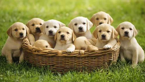 Labrador puppies resting together in a wicker basket outdoors.