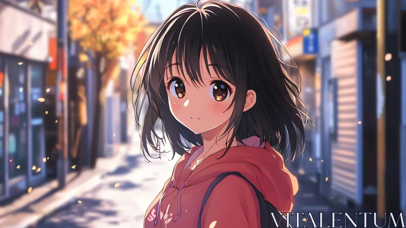 Anime girl in hoodie walking through soft lit city street.