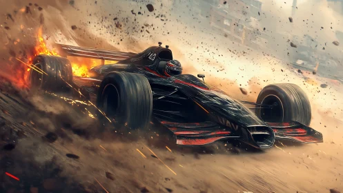 Inferno-fueled black race car tearing through blazing dust.