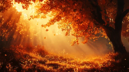 Autumn forest glows under golden sunrise light beams.