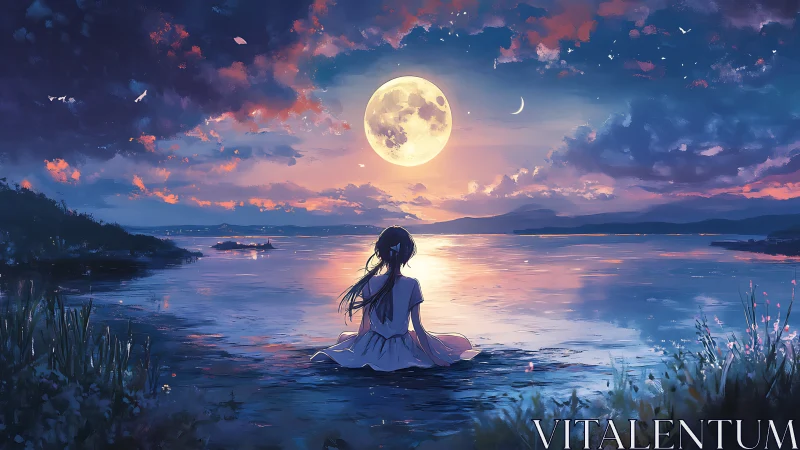 Girl in white dress gazes at a glowing full moon over lake