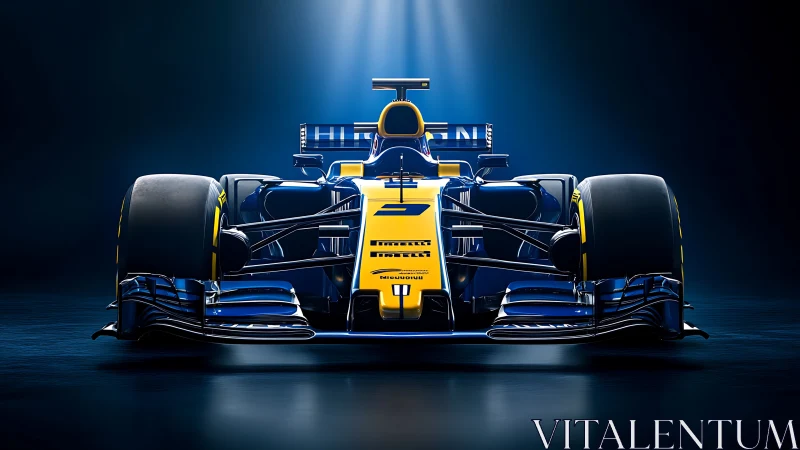 Electric blue race car poised under dramatic studio lights.