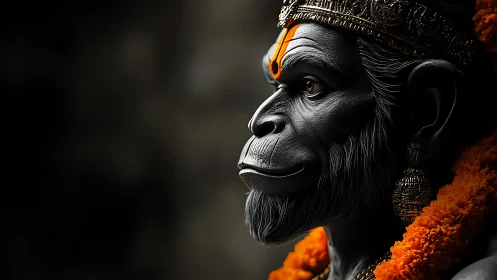 3D regal simian deity portrait with dramatic rim lighting.